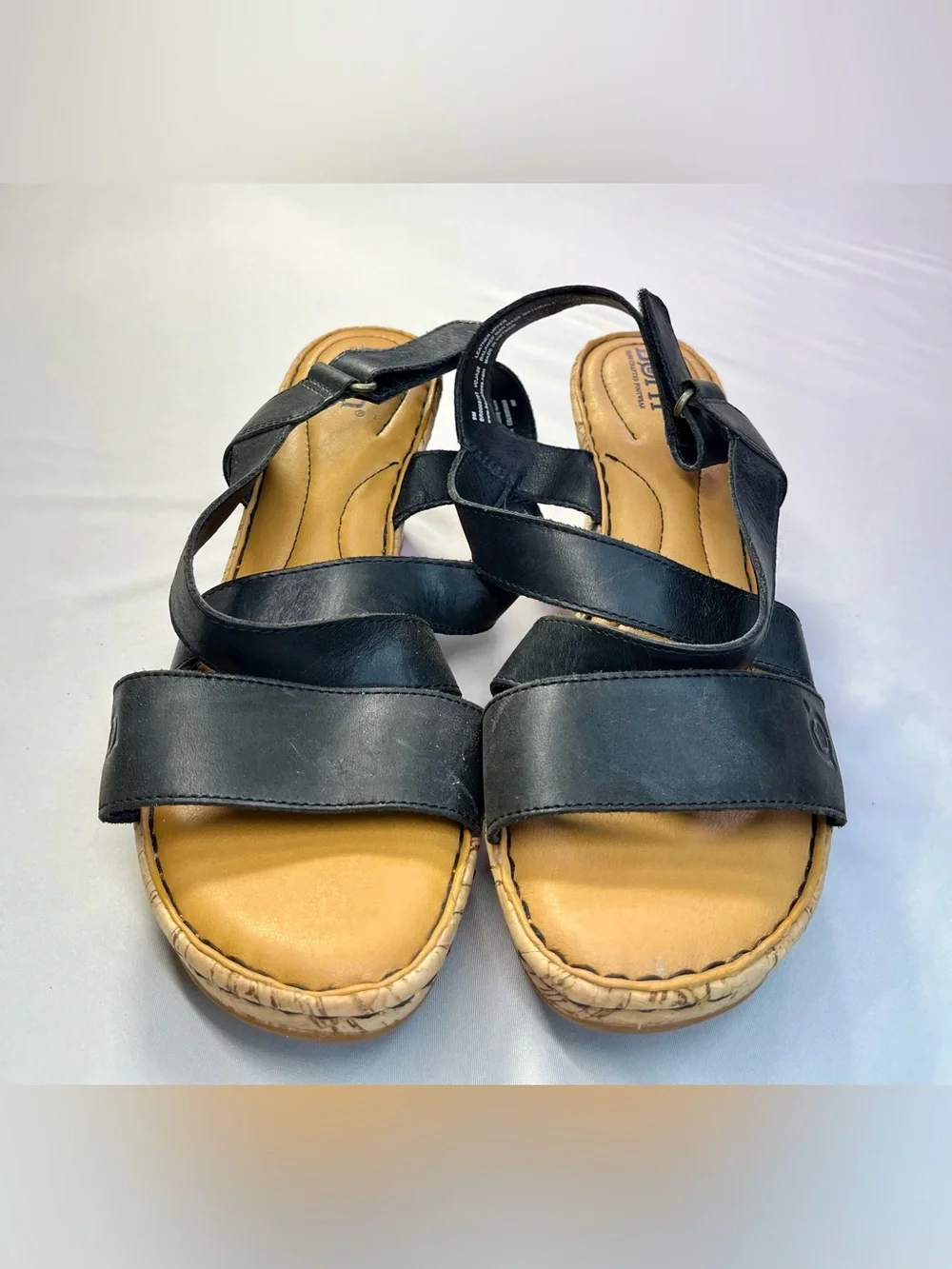 Børn Black Leather Cork Wedge Sandals Adjustable Straps Platform - 9